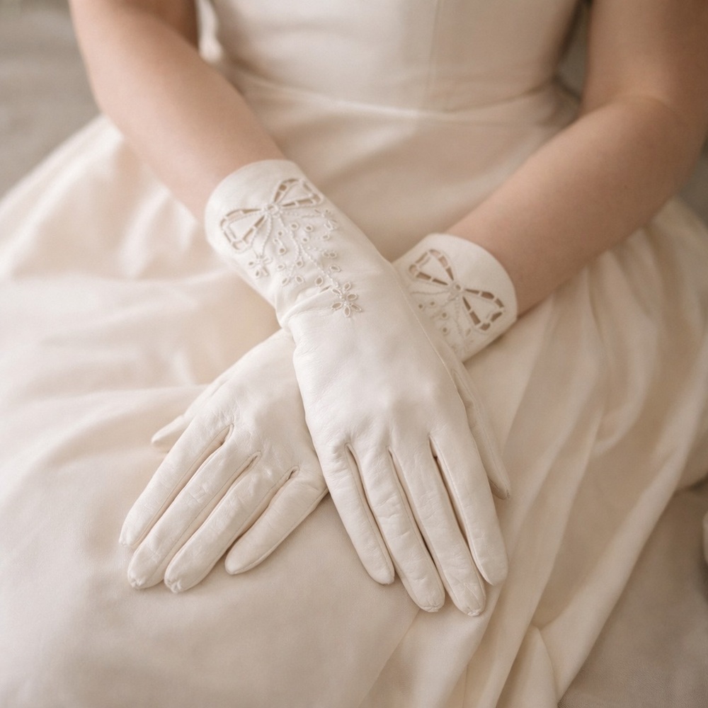 Vintage and Elegant White  soft leather Lace Gloves